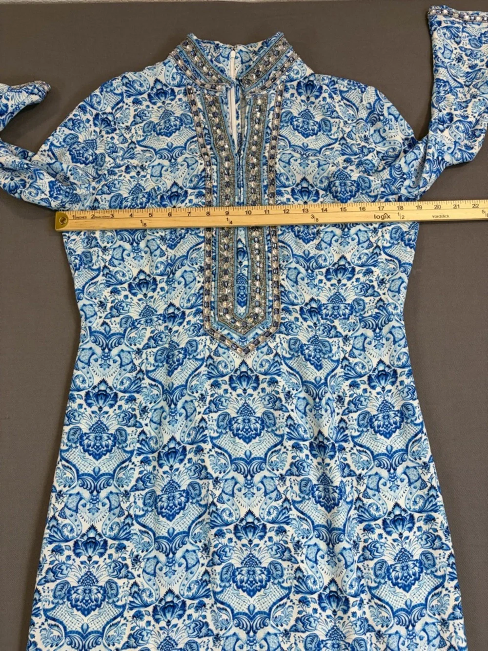 Nicoblu Beaded Resort Dress Blue White Mediterranean Luxe Size 6 - Picture 12 of 15